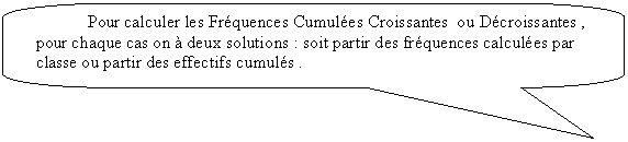 Rectangle  coins arrondis: Pour calculer les Frquences Cumules Croissantes  ou Dcroissantes , pour chaque cas on  deux solutions : soit partir des frquences calcules par classe ou partir des effectifs cumuls .

