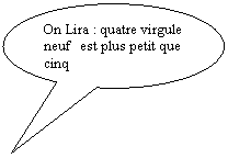 Bulle ronde: On Lira : quatre virgule  neuf   est plus petit que cinq