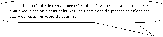 Rectangle  coins arrondis: Pour calculer les Frquences Cumules Croissantes  ou Dcroissantes , pour chaque cas on  deux solutions : soit partir des frquences calcules par classe ou partir des effectifs cumuls .

